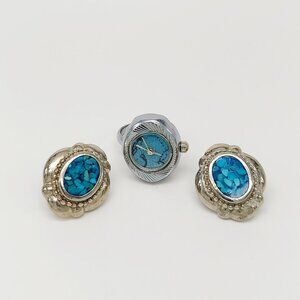 Vintage (ring and earrings) set Turquoise? watch silver tone by migi (Unsigned)